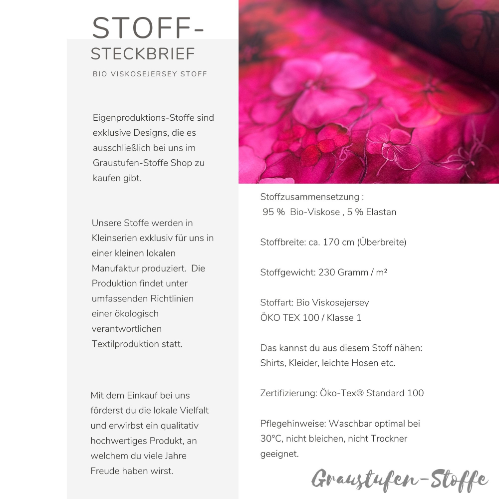 Bio Viskosejersey mit Überbreite (Stoffbreite ca. 170 cm): Eigenproduktion Blossom Berry (Bordüre) von Graustufen-Stoffe